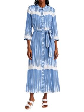 Busayo Kola Tie Belt Shirtdress Blue White Artisan Print